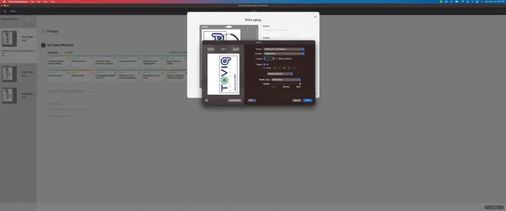Print screen settings for Cricut Design Space